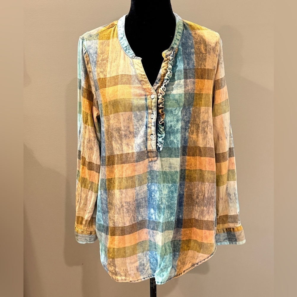 Women’s ANTHROPOLOGIE Isabella Sinclair plaid ruffled tunic acid wash top-Size M - Picture 3 of 8